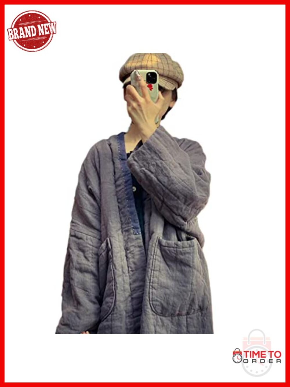 Quilted Open Front Kimono Jacket Long Coat Oversized Winter Linen - Picture 2 of 6
